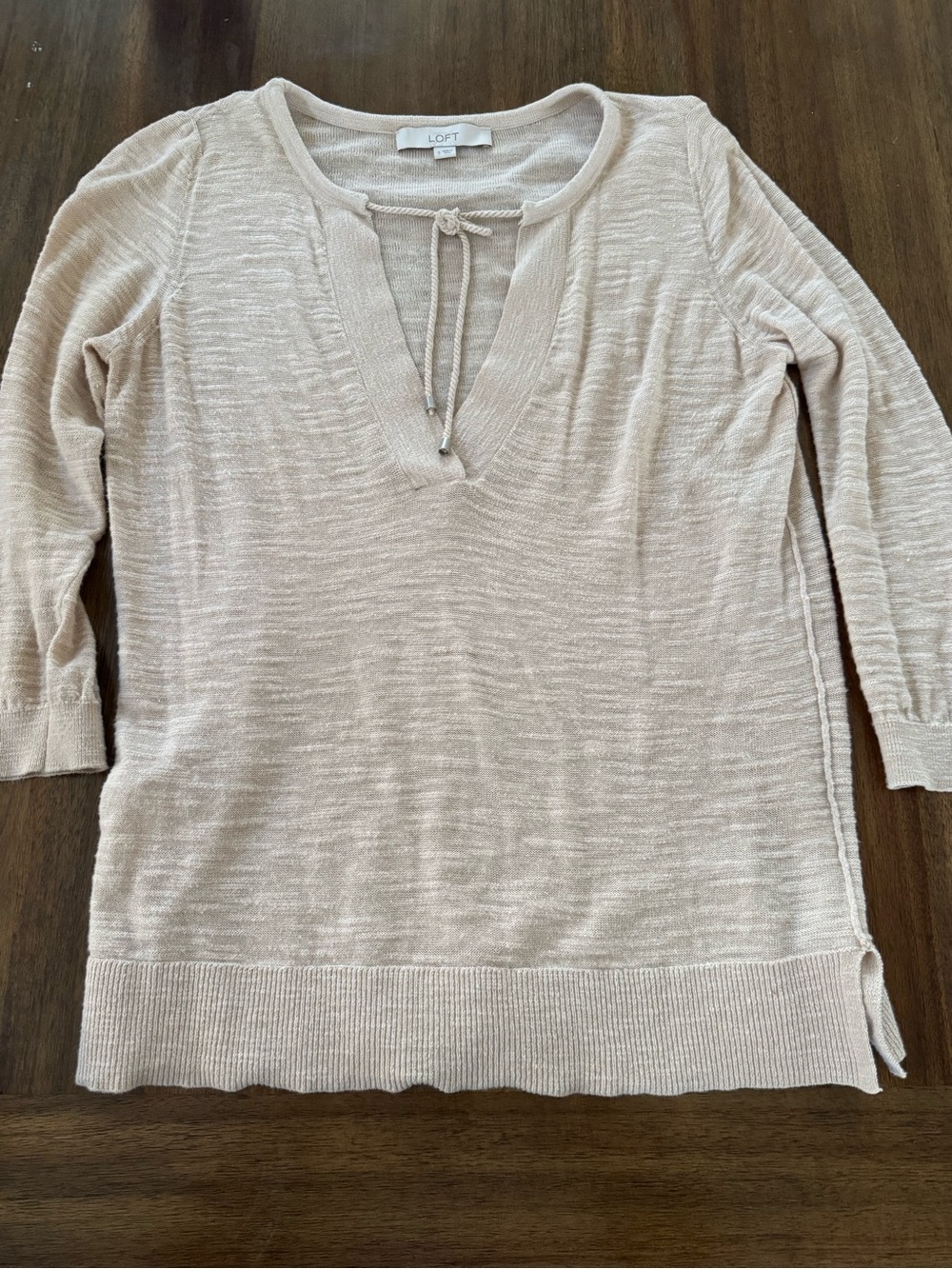LOFT Beige 3/4 sleeve V-neck Tie-Front Lightweight Knit Pullover 100% Cotton